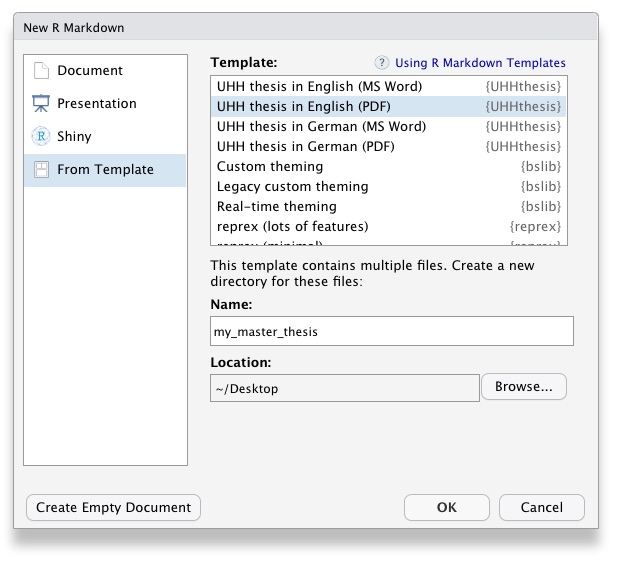 RStudio dialog showing the UHHthesis templates