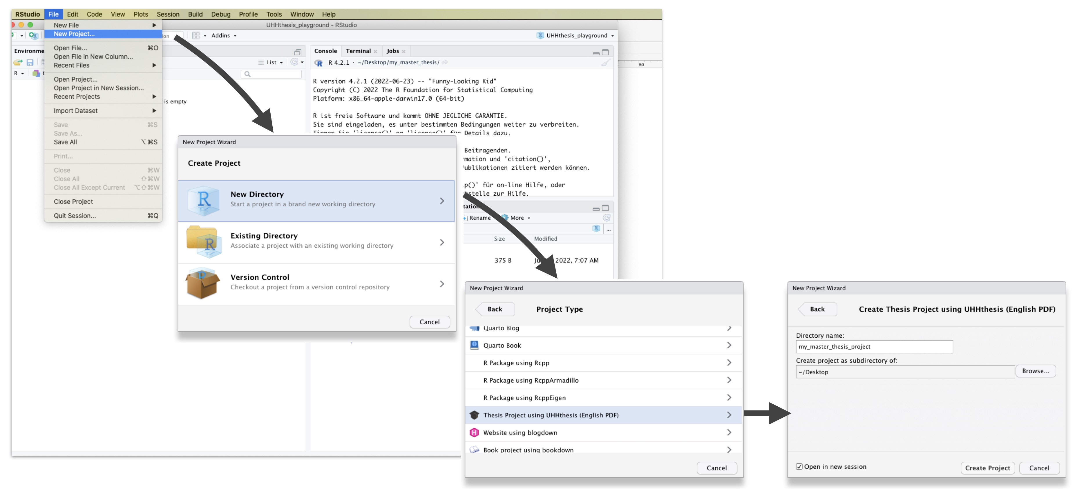 RStudio New Project dialog with UHHthesis option