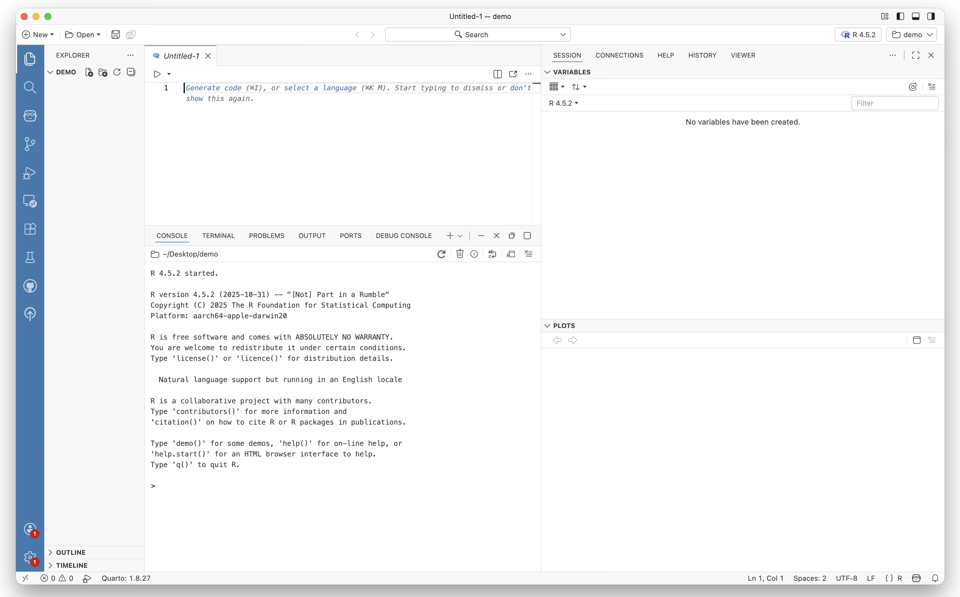 Grafische Benutzeroberfläche der Entwicklungsumgebung Positron mit Editor, Konsole und Panels zur Verwaltung von Dateien, Objekten und Projekten für die interaktive Datenanalyse.