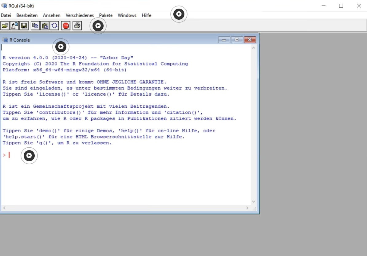 Screenshot der R GUI mit markierten Bereichen für Menüleiste, Schnellzugriff, Konsole und Kommandozeile